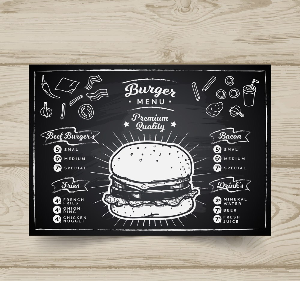 创意汉堡包店黑板画菜单矢量素材 