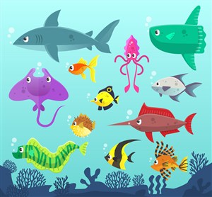 12只彩色大海中的海洋动物矢量素材