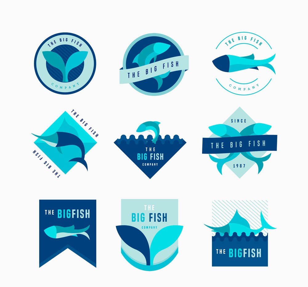 9款蓝色鱼类标志矢量素材 