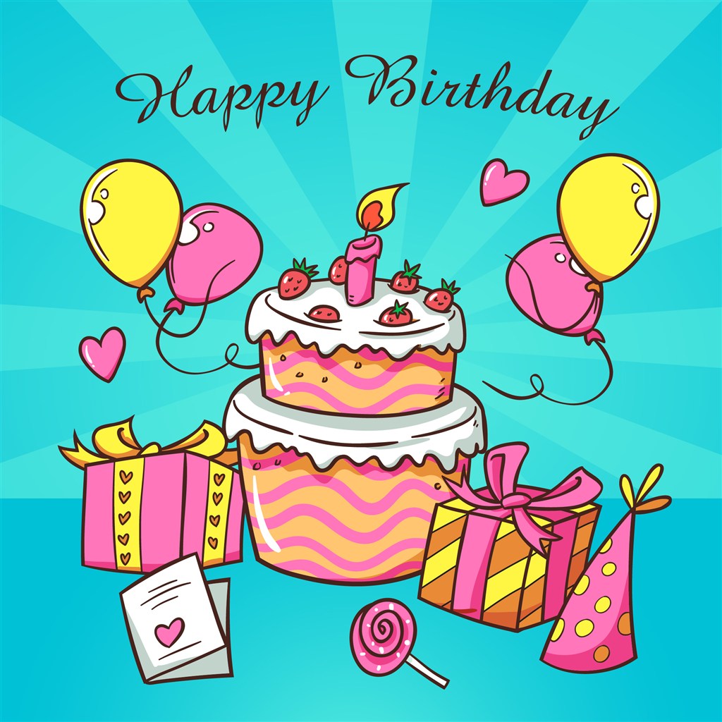 彩绘生日派对气球和蛋糕礼物糖果生日蜡烛生日帽贺卡矢量图