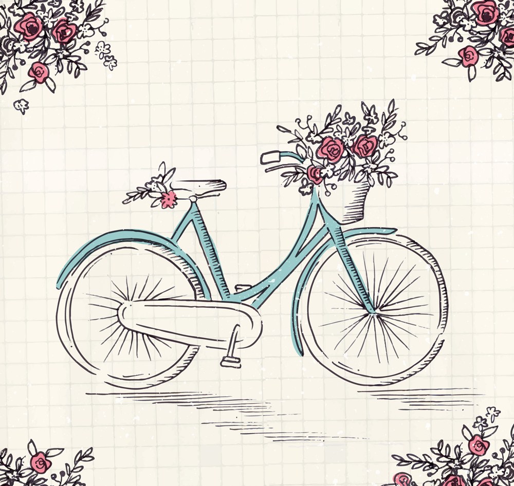 彩绘单车和花卉矢量素材