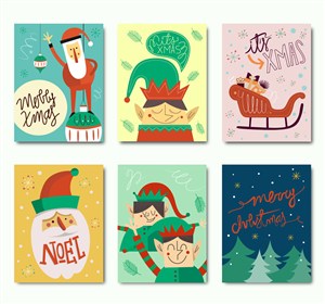 6款彩绘圣诞快乐卡片矢量素材 