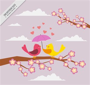 创意花枝上打伞的情侣小鸟矢量图