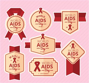 7款红色国际艾滋病日标签矢量图