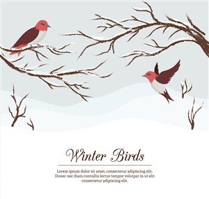 彩绘冬季树枝和鸟矢量素材