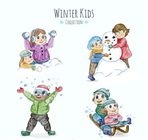 7个冬季玩耍的儿童矢量素材