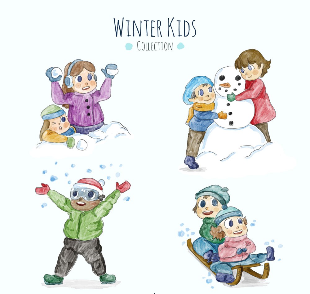 7个冬季玩耍的儿童矢量素材