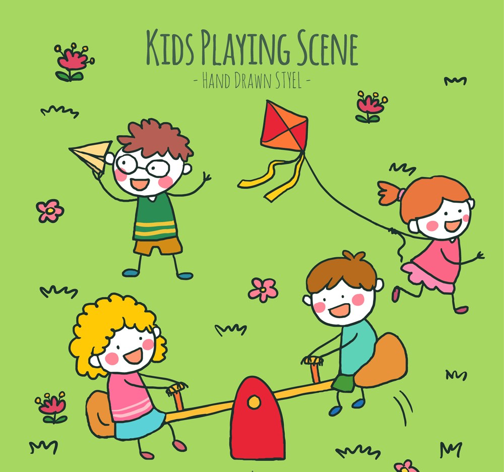 彩绘4个草地上玩耍的儿童矢量图
