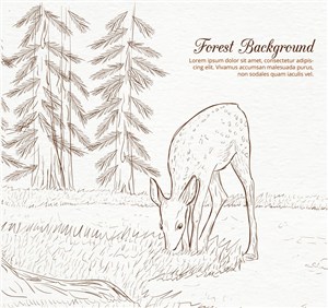 手绘森林中食草的鹿矢量素材