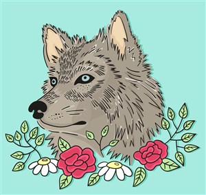 彩绘狼头像和花卉矢量素材