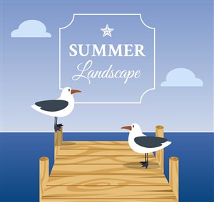 夏季海边木桥上的海鸥矢量素材