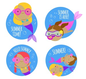 4款彩色夏季美人鱼标签矢量图