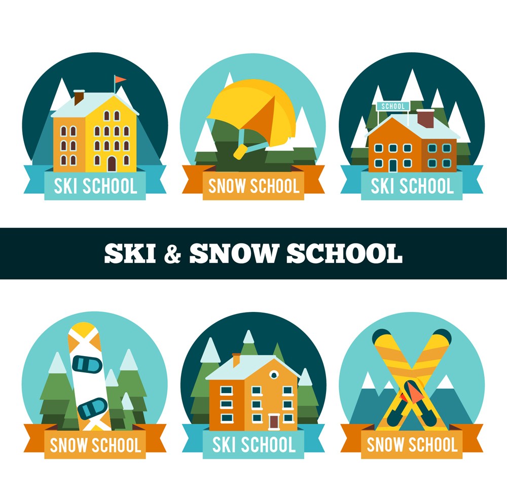 6款彩色滑雪学校标签矢量图 