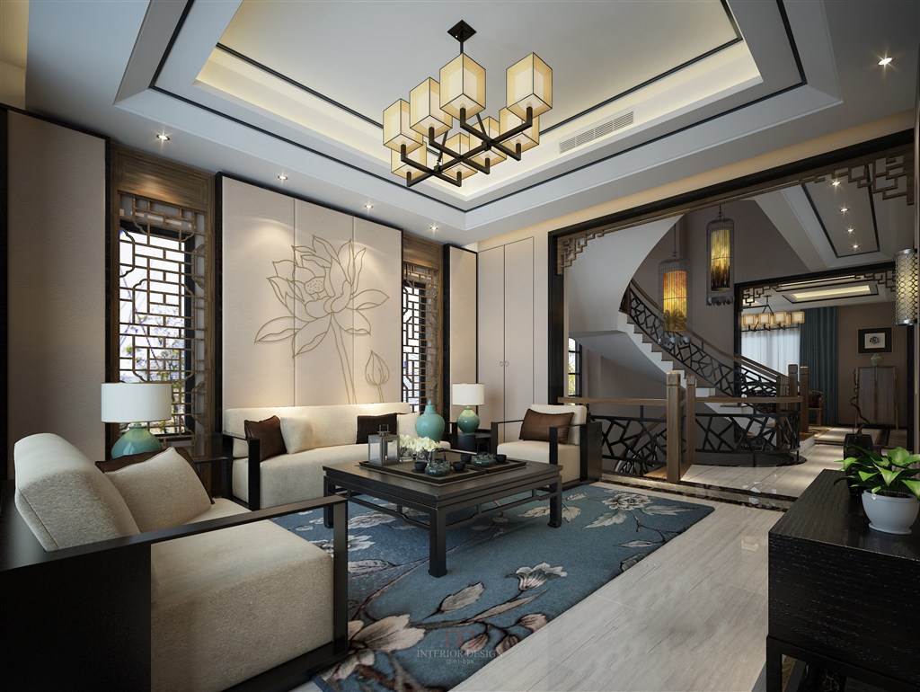 各种特色中式家具装饰的别墅客厅装修效果图