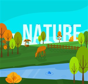 创意树林和食草的鹿自然风景矢量图