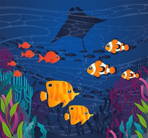彩色海底热带鱼群风景矢量素材 