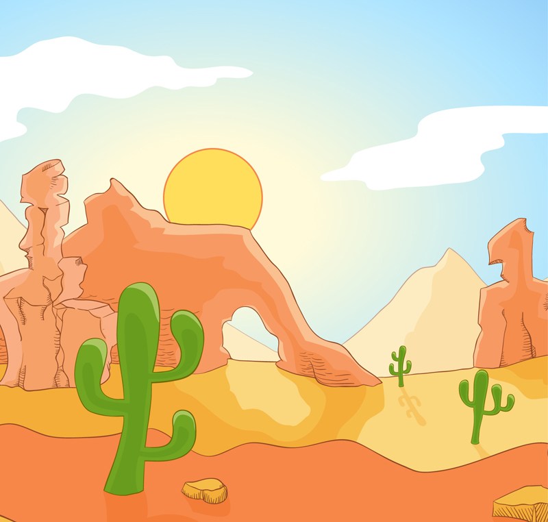 彩绘沙漠戈壁和仙人掌风景矢量图