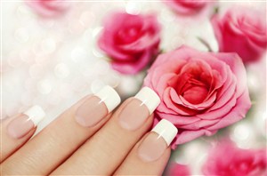 白色美甲和粉红玫瑰背景的图片