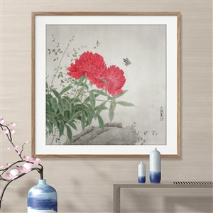 大红牡丹花国画绘画中式装饰画图片