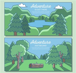 2款彩绘森林与湖泊风景矢量图