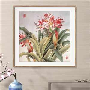 白色红色大花朵花卉中式装饰画