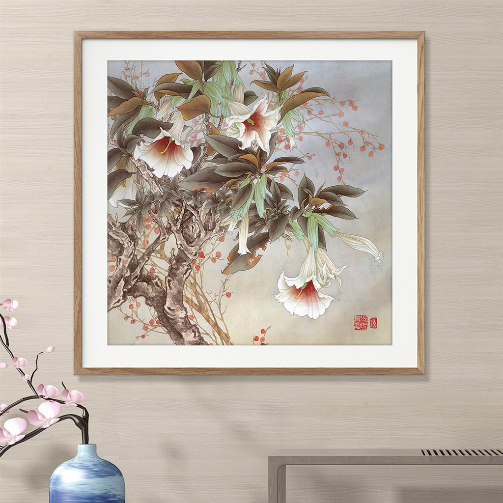 中式白色唯美喇叭花水彩宣纸背景装饰画素材