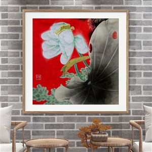 鲜红白莲藕花卉中式装饰画