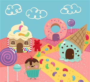 可爱糖果世界设计矢量素材糖果房屋糖果人物