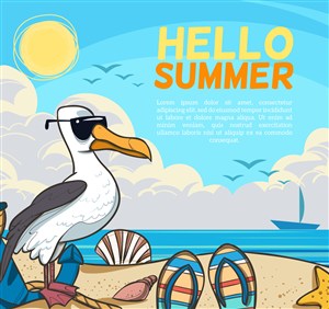 创意夏季沙滩海鸥拖鞋贝壳帆船海星矢量素材