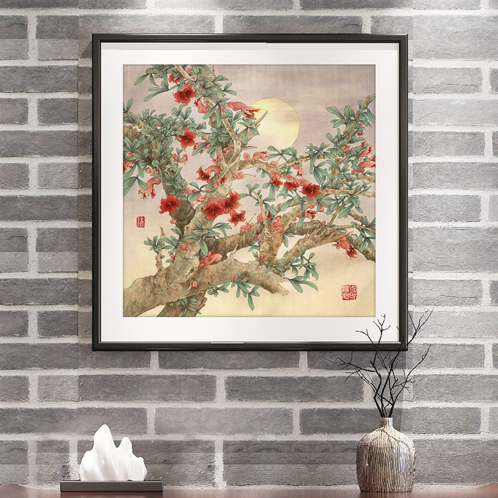 清新淡雅柔和红色花朵树木中式装饰画