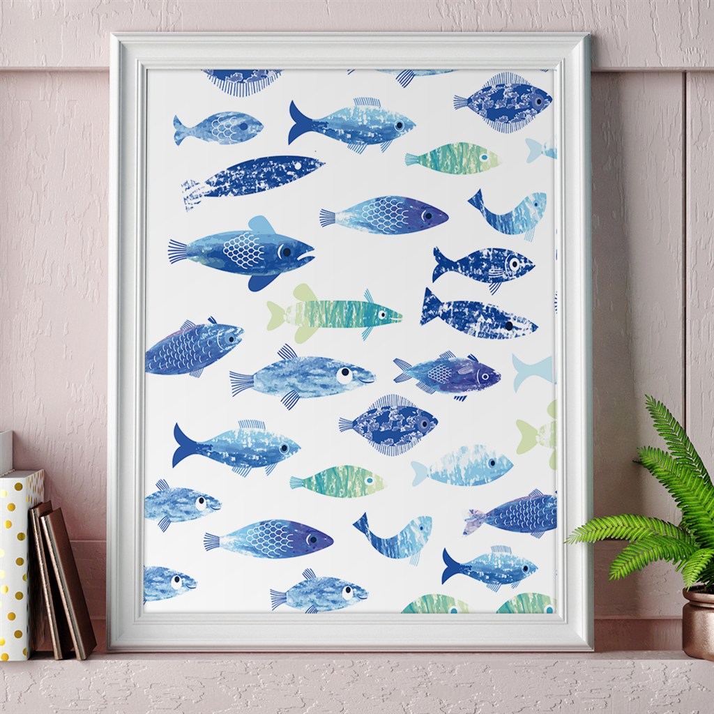 蓝色好多海洋鱼图片美式装饰画