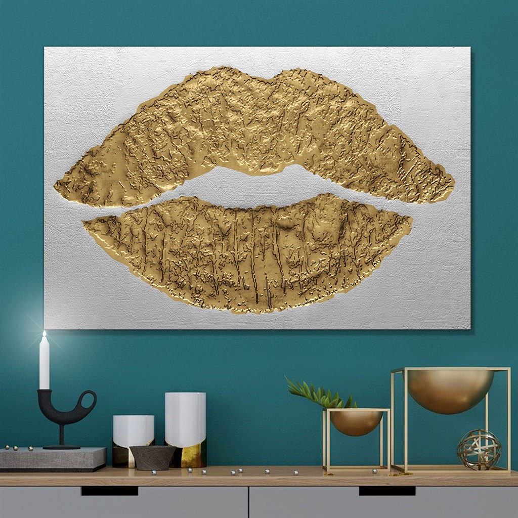 现代抽象酒店装饰画-金箔嘴巴装饰画芯
