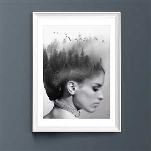 女性侧面和森林飞鸟装饰画
