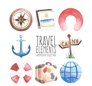 8款水彩绘旅行元素设计矢量素材
