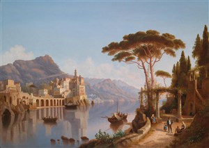 水边城堡风景油画图片