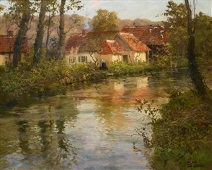 河流房子风景油画图片