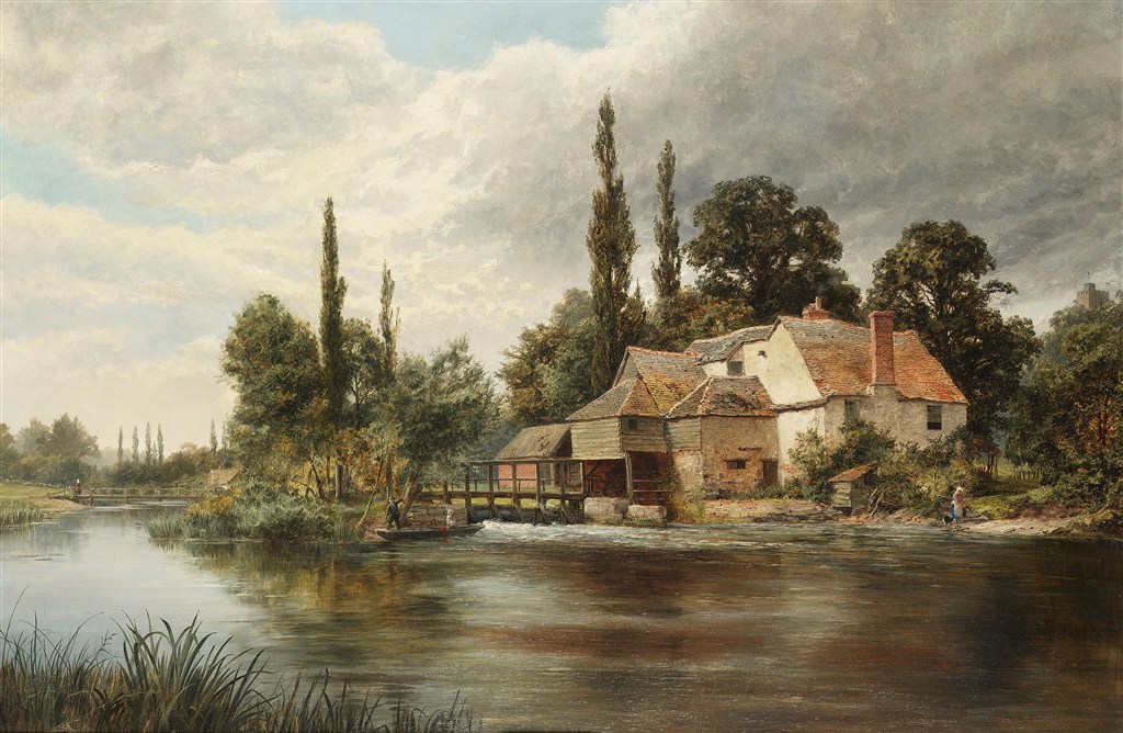 乡村河流房子风景油画图片