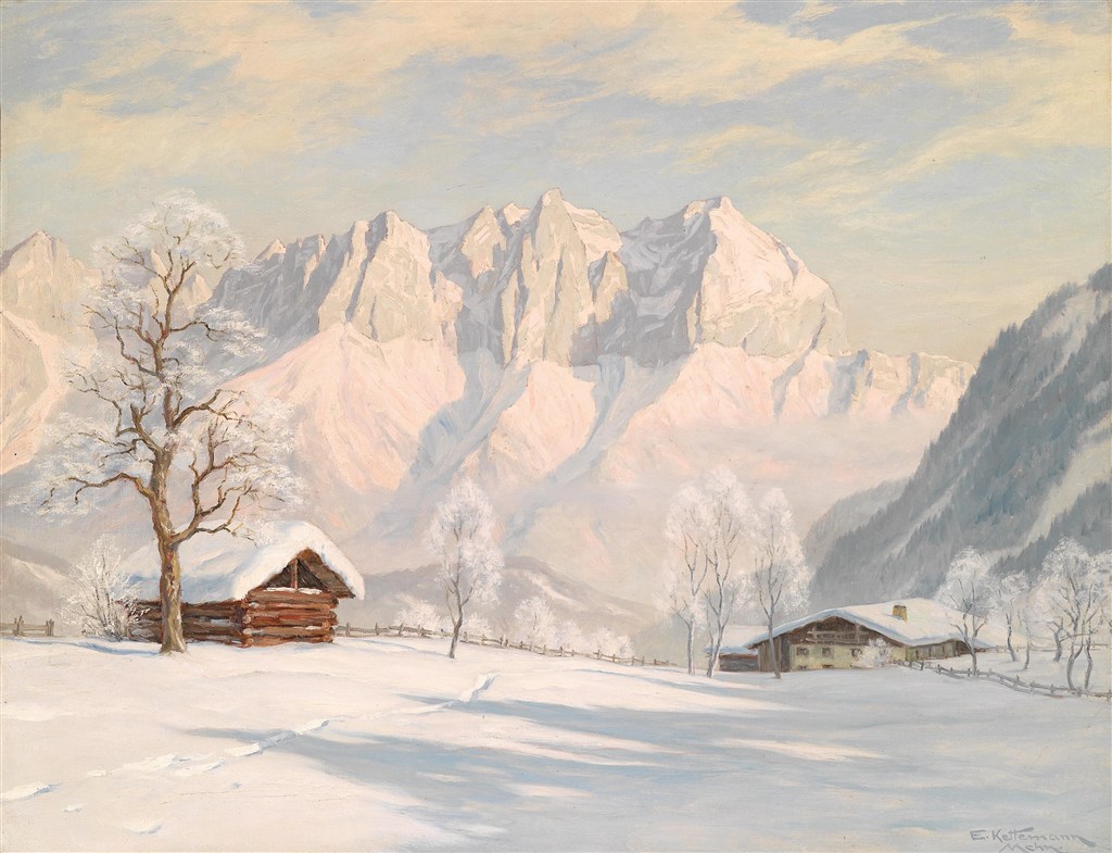 雪山风景油画图片