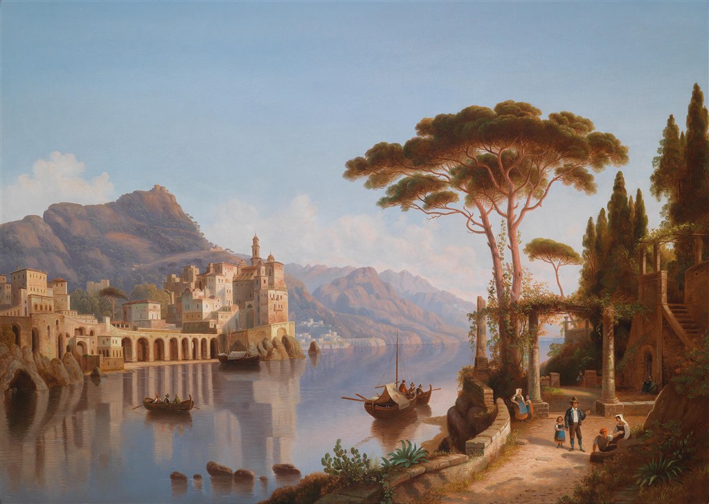 水边城堡风景油画图片