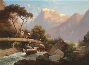 山中的溪流风景油画图片