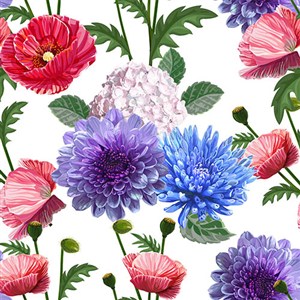 紫色蓝色菊花红色康乃馨鲜花无缝背景矢量素材