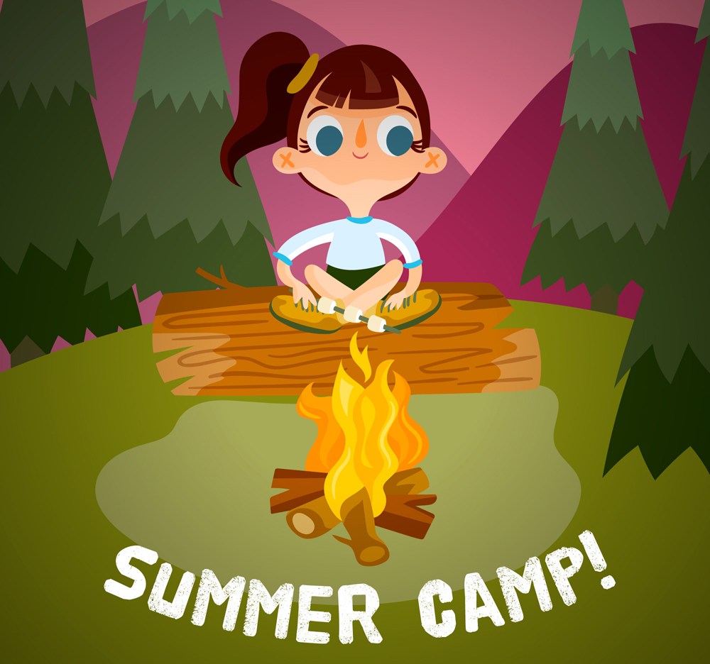 可爱夏季野营中的女孩矢量素材