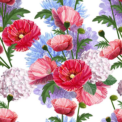 美丽绣球花虞美人菊花无缝背景矢量素材