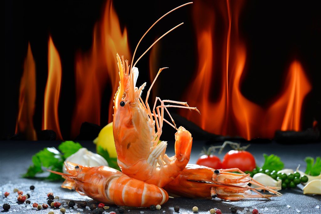 火焰前面的鲜虾食物高清摄影图