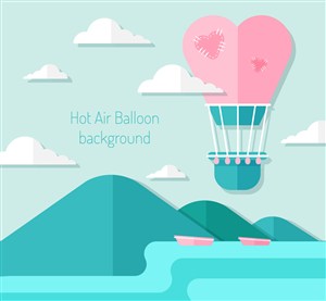 扁平化天空中的爱心热气球矢量图 