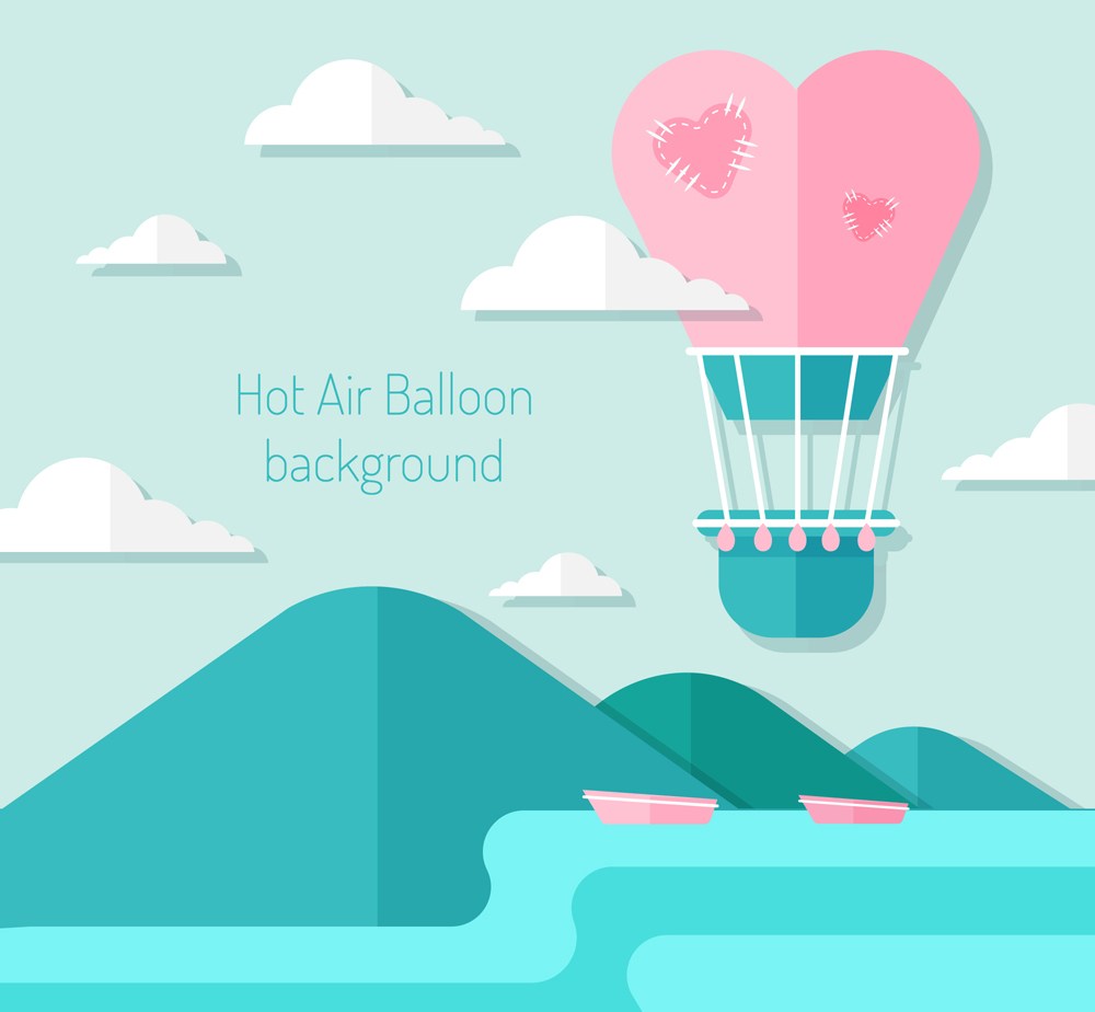 扁平化天空中的爱心热气球矢量图 