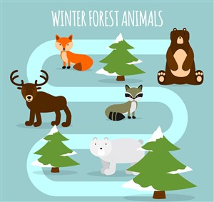 创意弯曲道路和5个森林动物矢量图 