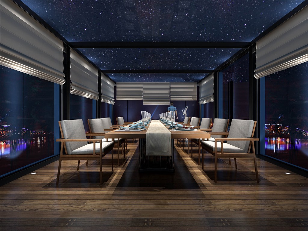 大型长条桌新中式餐厅装修效果图