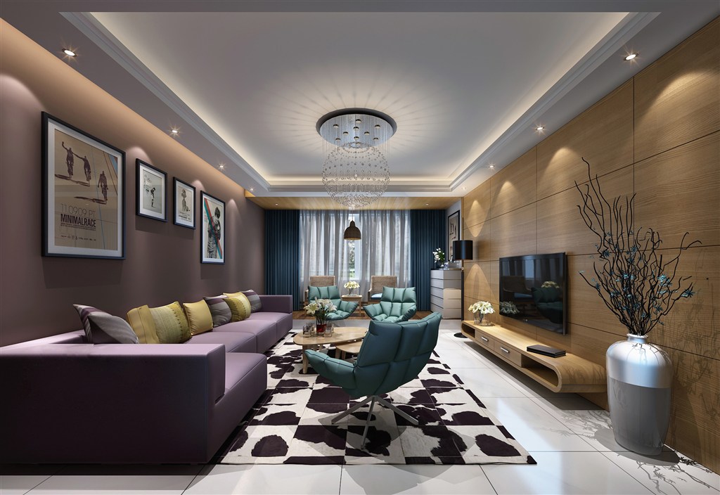 紫色沙发装饰现代风格三居室客厅装修效果图
