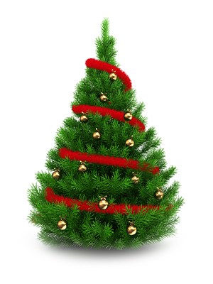 细红色绸带缠绕的圣诞树高清图